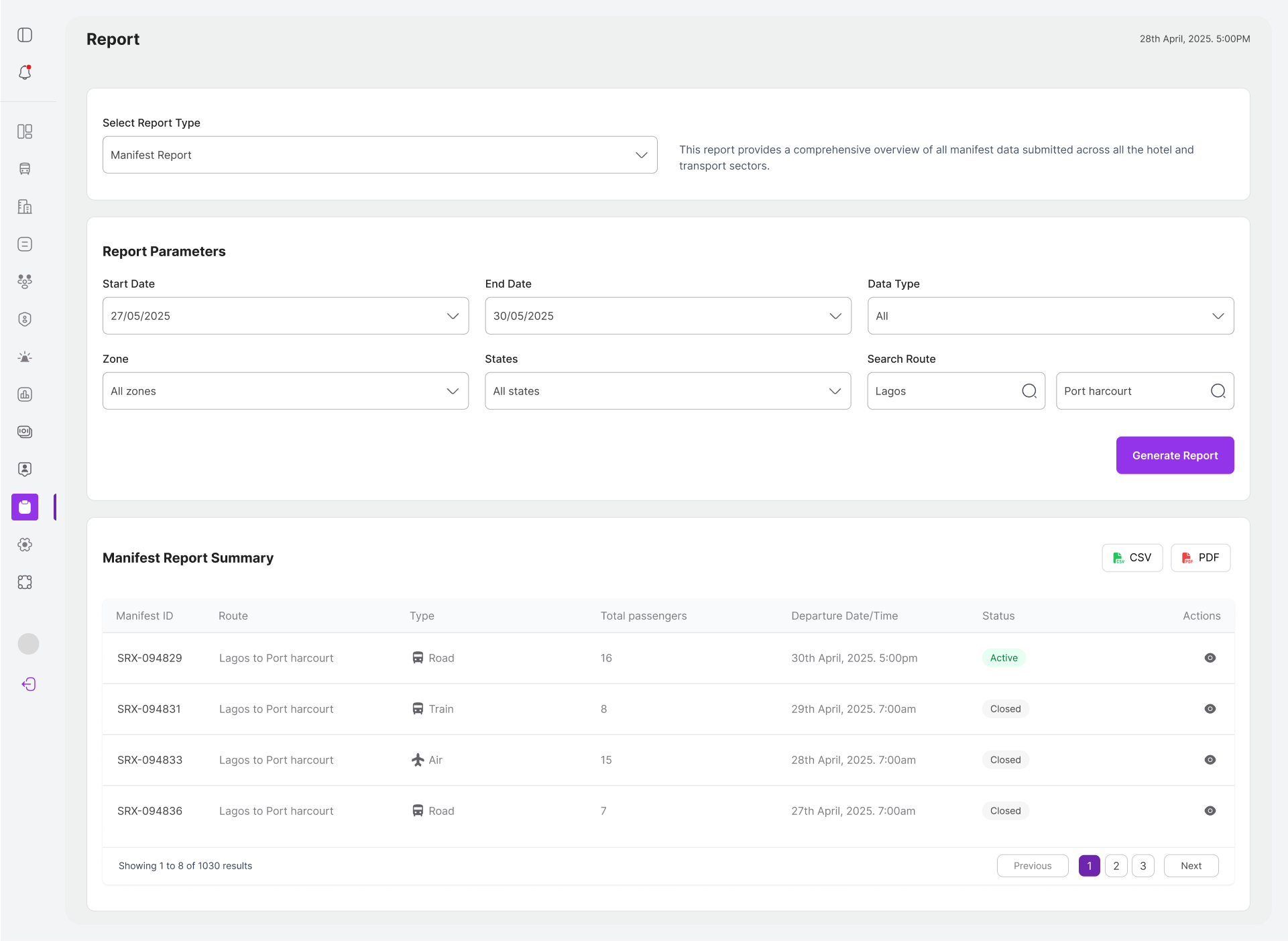 ECCRS manifest reports overview screen